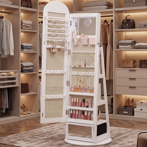 Ledrem 360° Swivel Jewelry Armoire, Full-Length Arched Mirror Cabinet & LED Lights, Jewelry Cabinet With 3 Rear Shelves