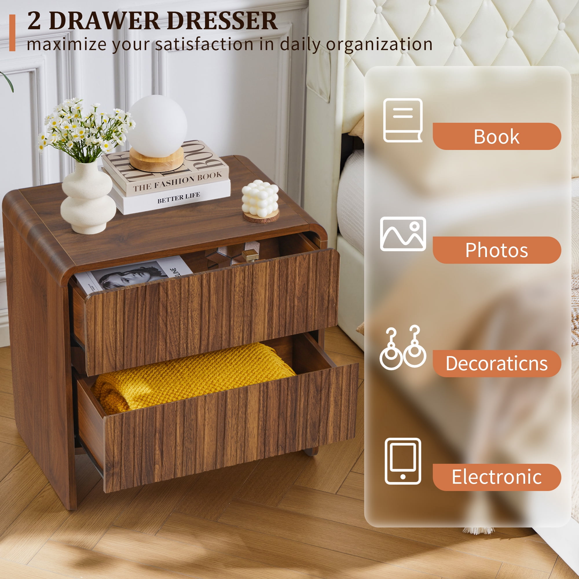 LEFHDA 2 Drawer Fluted Nightstand, Wood Fluted Bedside Table for Bedroom, Mid-Century Modern End Tables(Walnut)
