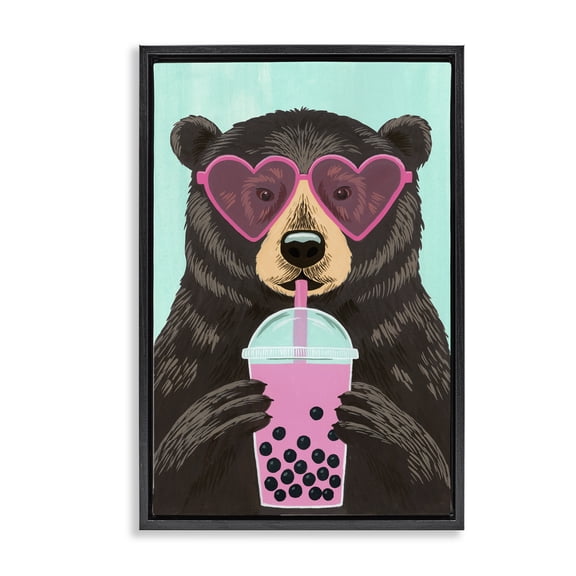 Stupell Industries Bear And Bubble Tea Black Framed Floater Canvas Wall Art, design by Courtney Haley, 25 x 17