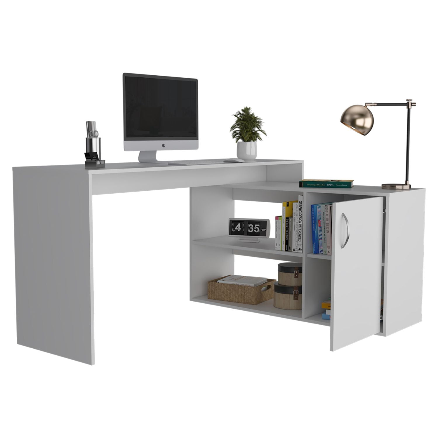 Asteroutdoor L-Shaped Desk, White, Corner Office Desk with Shelves and Cabinet