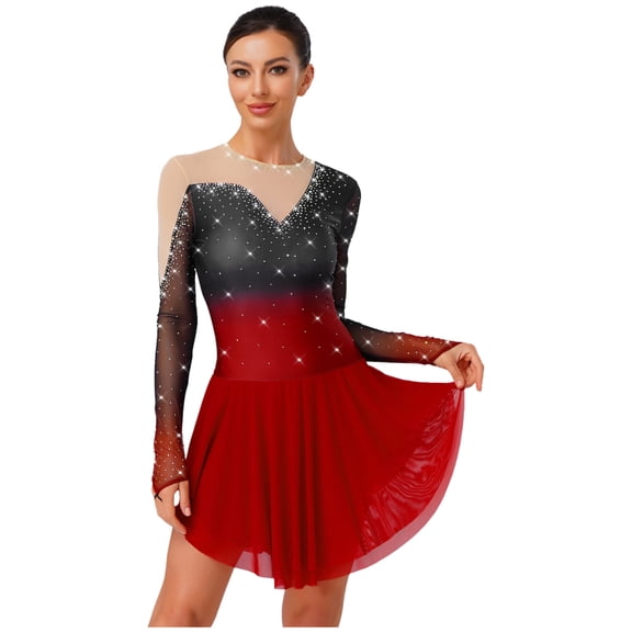 Xnihocha Lyrical Dance Dress For Women Mesh Gradient Figure Ice Skating Dress Gymnastics Ballet Dancewear Burgundy XL
