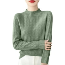 Fesfesfes Women's Turtleneck Knit Sweater Solid Color Long Loose Sleeve Round Neck Blouses Warm Ribbed Neckline Cuffs Cozy for Fall Winter(Green#2,2XL)