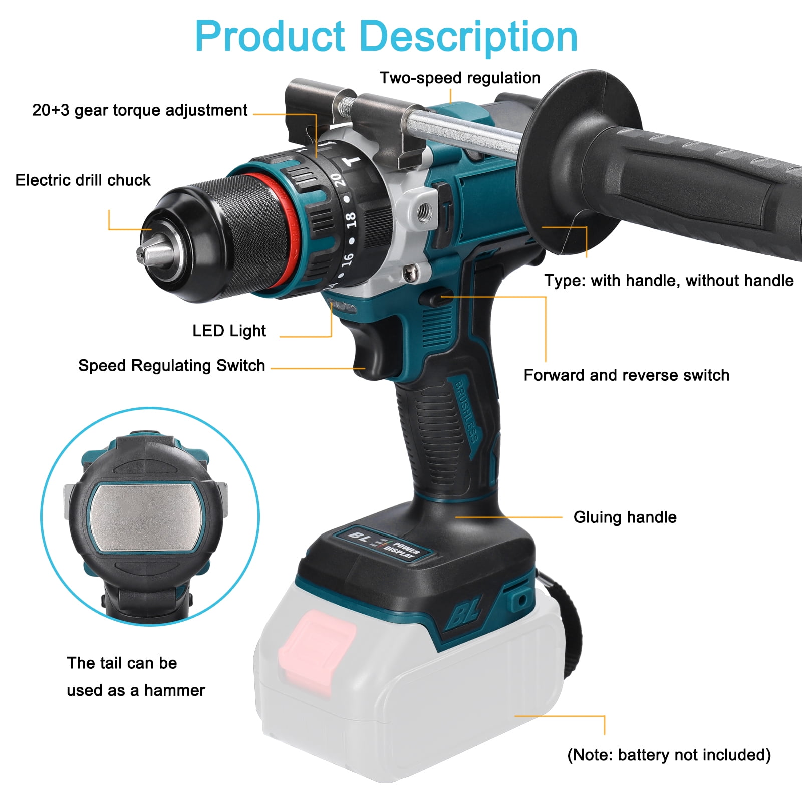 Drill 13mm Rechargeable Brushless Motor Electric Impact Drill Cordless Electric Screwdriver Multifunctional Electric Drill Handheld Electric Screwdriver Electric Power Tools