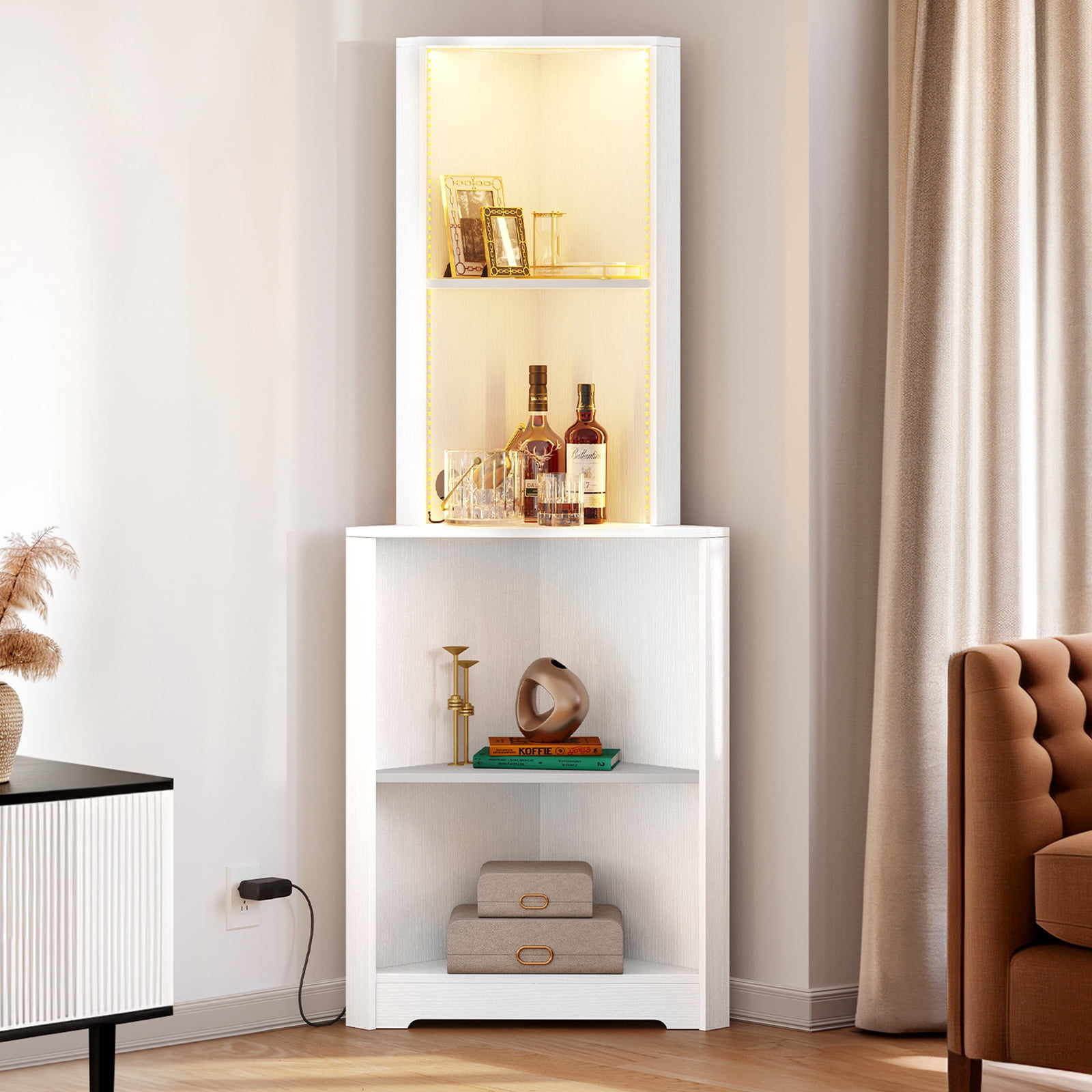 Dextrus 5-Tier Corner Shelf with Led Light, Wooden Open Corner Cabinet, Corner Bookshelf Bookcase Stand Storage Rack for Living Room, Home Office, Kitchen, Small Space, White