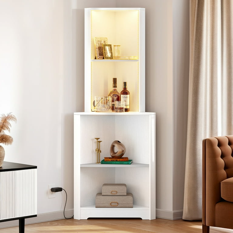 Dextrus Tall 5 Tier Corner Shelf with LED Light Accent Wood Open Cabinet Bookshelf Stand Storage Rack for Home Office Living Room