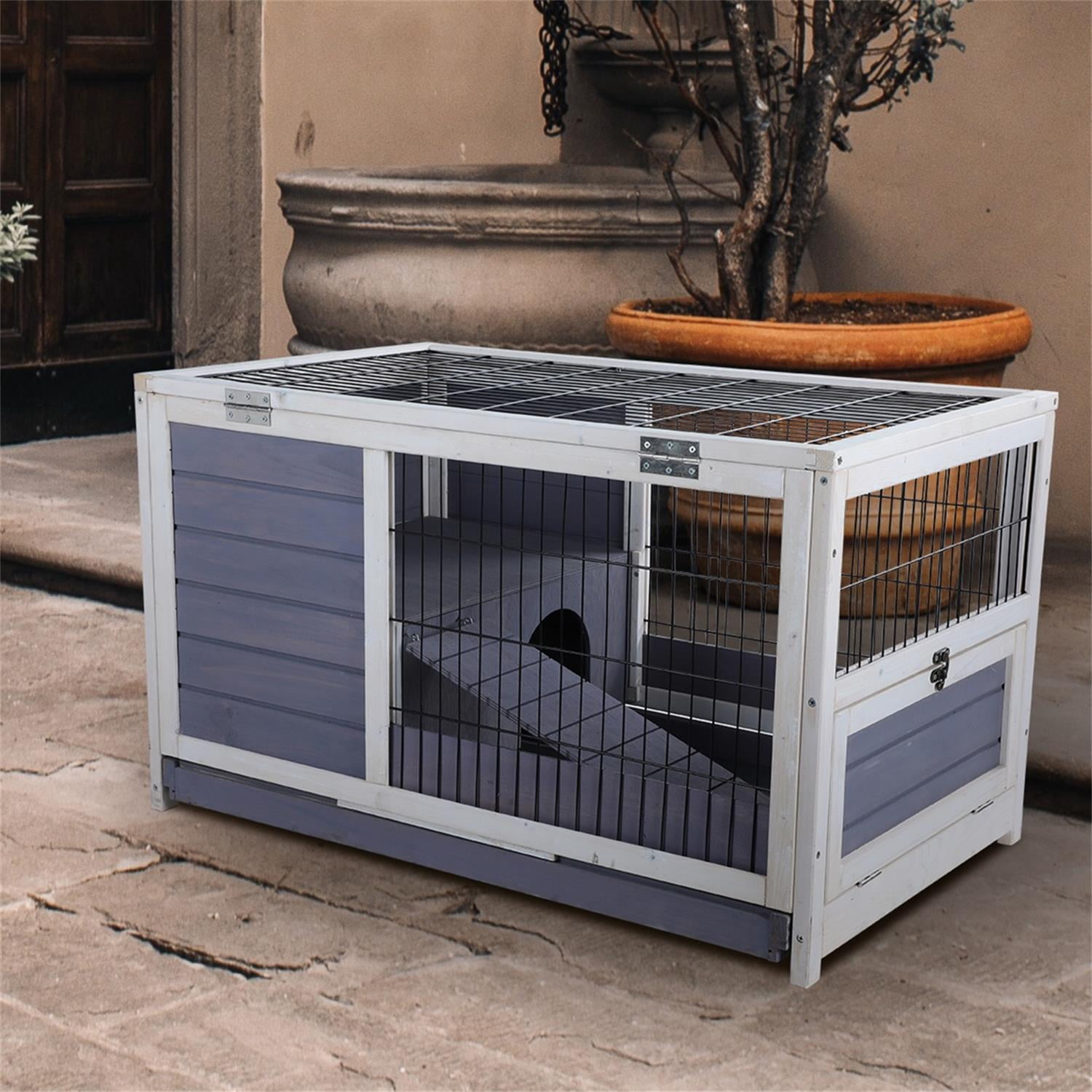 Pefilos 35" Wood Rabbit Hutch with Run Bunny Hutch for Indoor, Guinea Pig House, Gray Pefilos 35" Wood Rabbit Hutch with Run Bunny Hutch for Indoor, Guinea Pig House, Gray