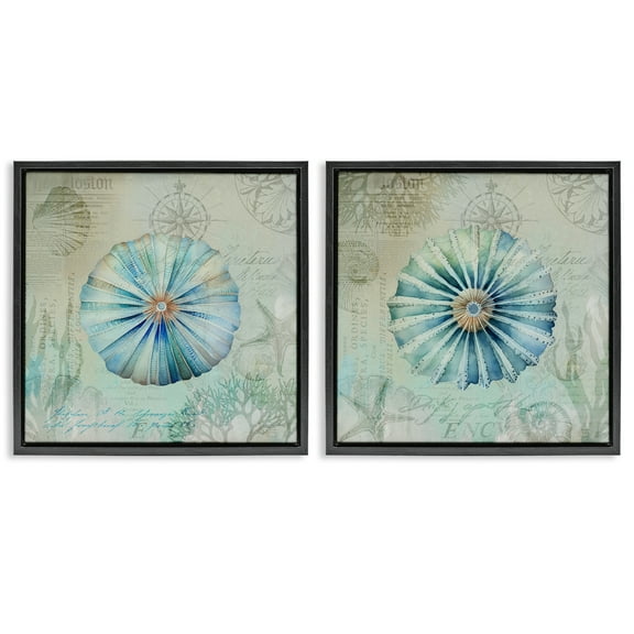 Stupell Industries Vintage Blue Sea Urchins Nautical & Beach Painting Black Floater Framed Canvas Art Print Wall Art, 18 x 18, Set of 2