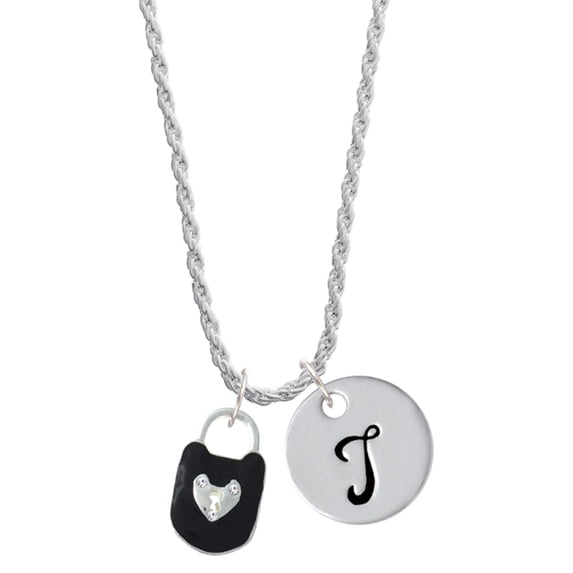 Delight Jewelry Silvertone Black Enamel Lock with Clear Crystals Silvertone Script Initial Disc - T - Charm Necklace, 20"+3"