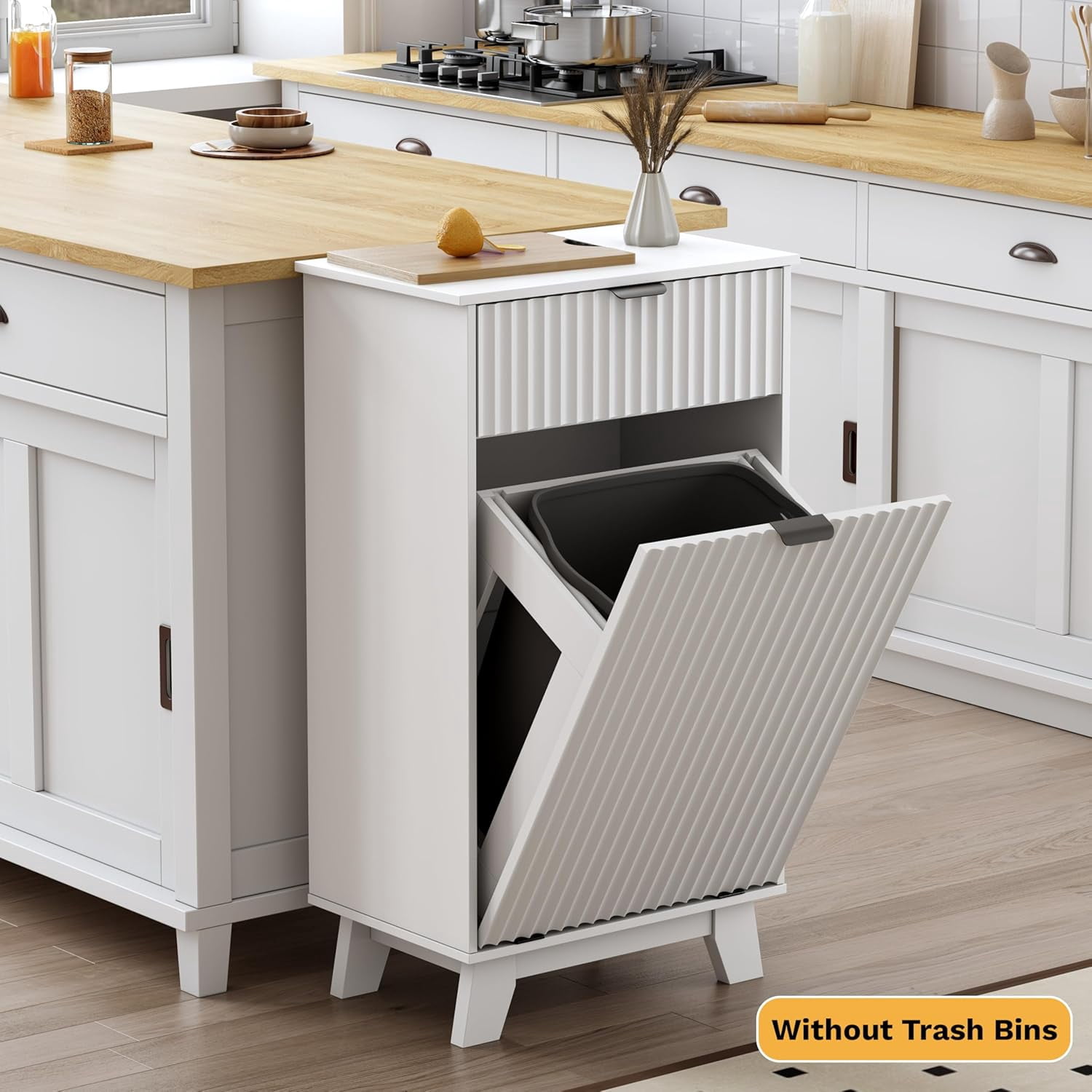 FANRAL Single Tilt Out Laundry Hamper Cabinet,10 Gallon Wooden Hidden Storage Cabinet,Fluted Trash Can for Bathroom Kitchen Living Room,White Laundry Basket Cabinet