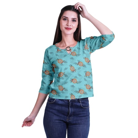 Moomaya Printed Keyhole Neck Ring Top Casual 3/4th Sleeve Tees Tank Tunic Top