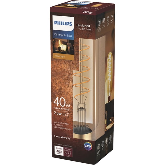 Philips T20 Light Bulb, Vintage, Dimmable LED, Indoor/Outdoor, 7.5-Watt LED, 40W Replacement, 400 Lumens, E26 Medium Base, Amber Light, 536284