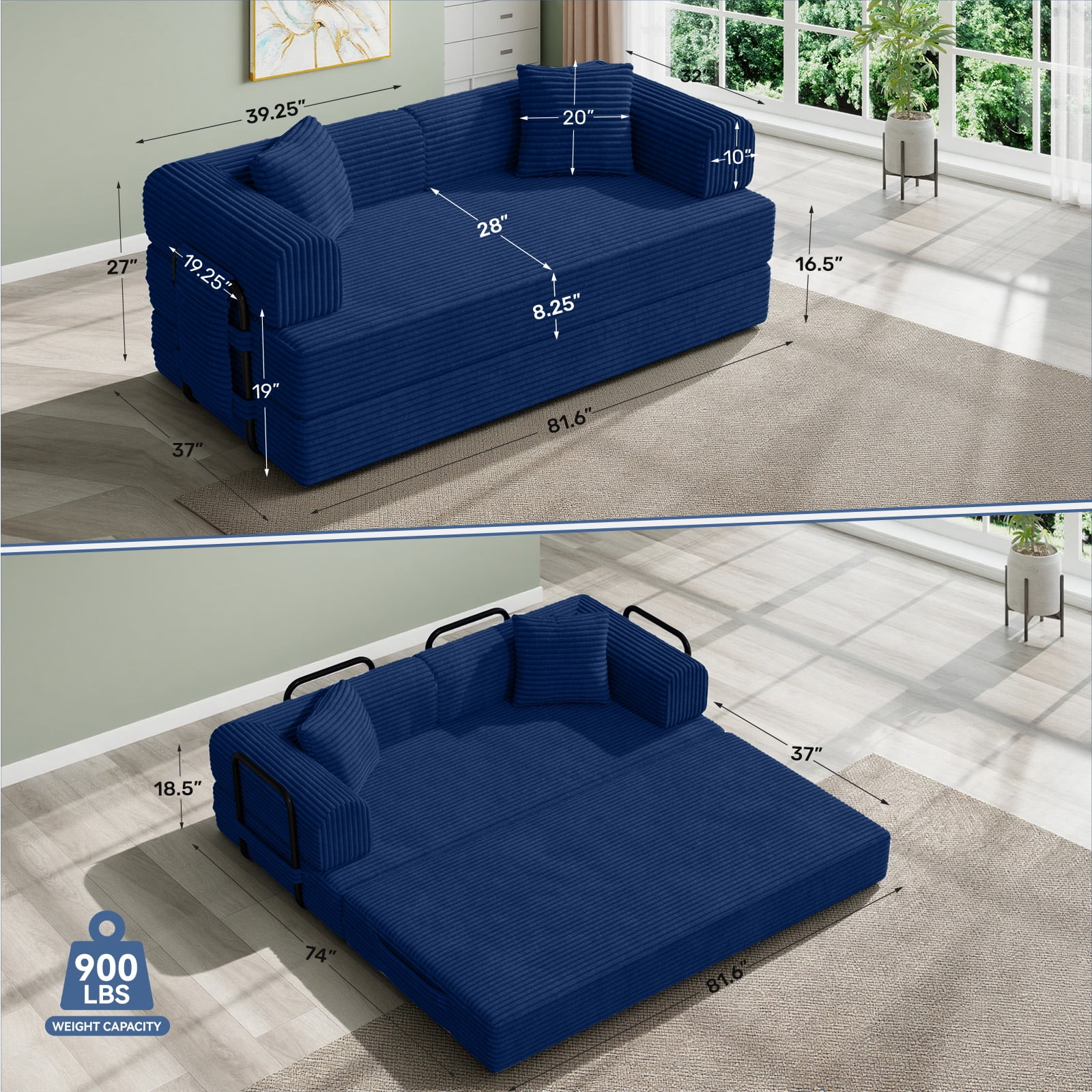 Daluvenix 4-in-1 Folding Convertible Sofa Bed 81 Inch Oversized Corduroy Upholstered Boneless Couch Loveseat Sleeper with Pull Out Bed Blue