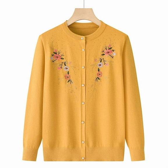 Wang6 Womens Lightweight Oversized Cardigans Sweaters Fall Winter Button Knit Sweater Long Sleeve Open Front Knitted Coat Loose Fit Floral Embroidery Outwear Yellow XL
