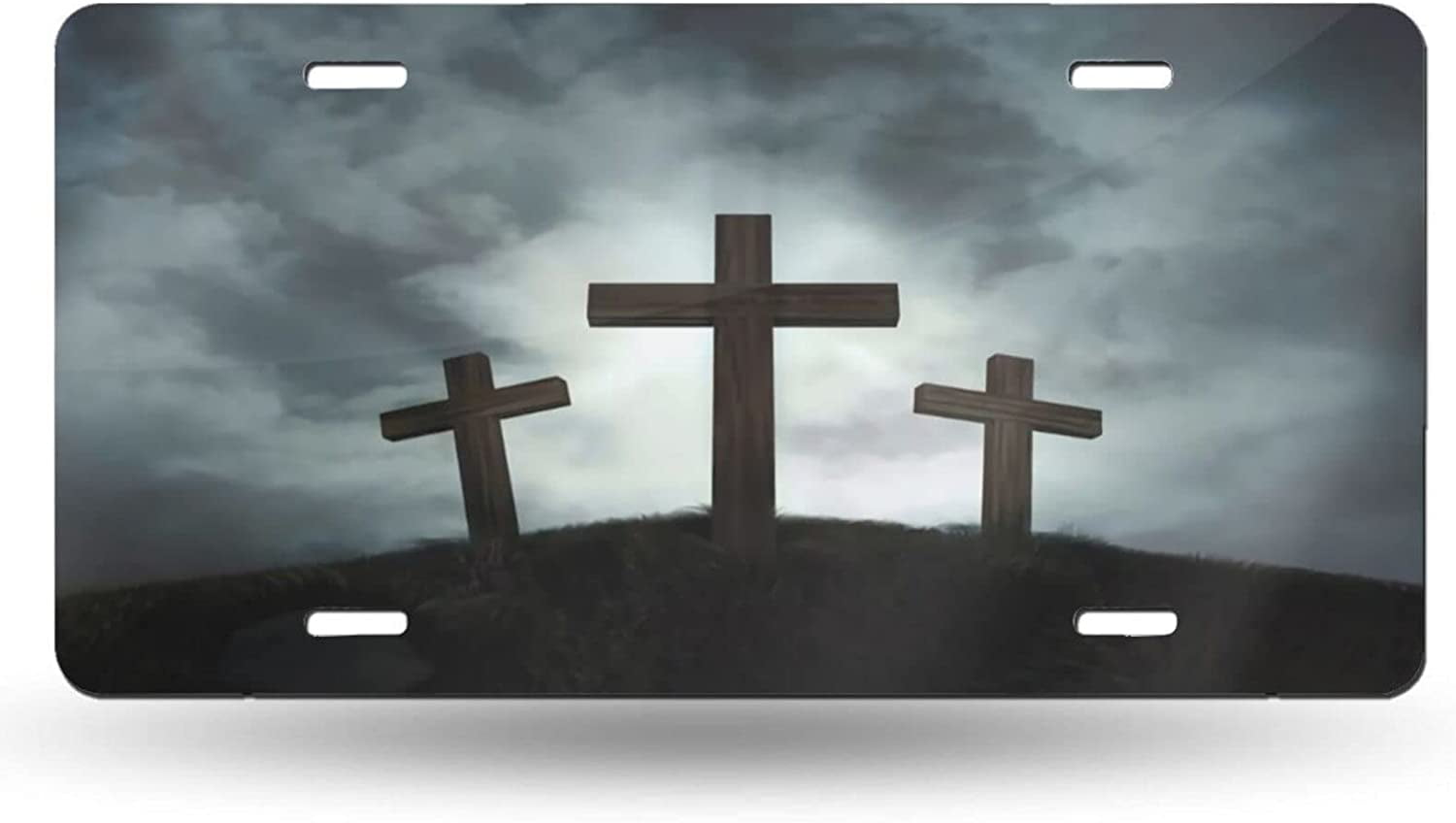 Three Crosses Decorative Front License Plate Cover Vanity Tag Metal Car