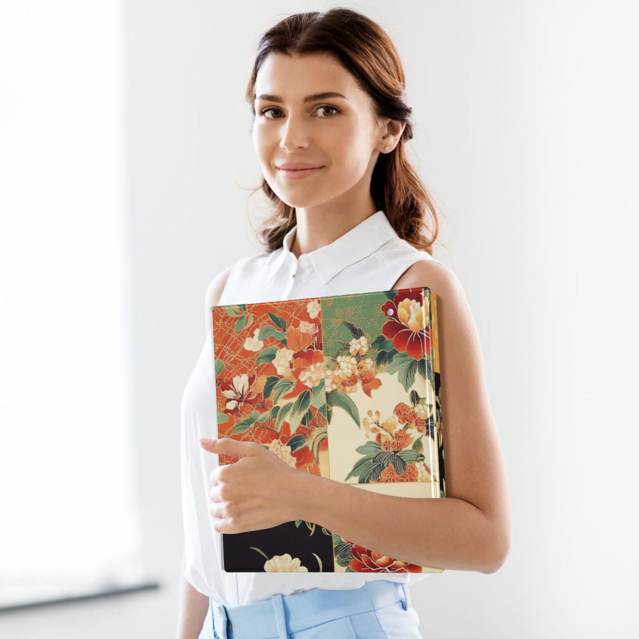 Bohemia Flowers Grids 3 Ring Binders 1.5 inch Hardcover File Folders with Interior Pockets A4 Size Organizer for School Office Hospital