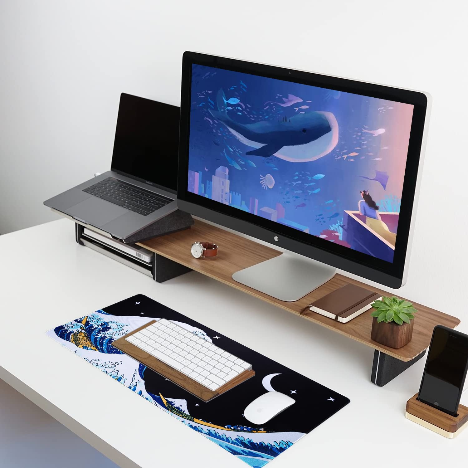 Large Mouse Pad, Black and White Gaming Mouse Pad Desk Pad, 31.5×15.75In Japanese Mouse Pad XXL Desk Mat, Gaming Mousepad, Big Mouse Pads for Desk, Extended Mouse Pad with Non-Slip Base
