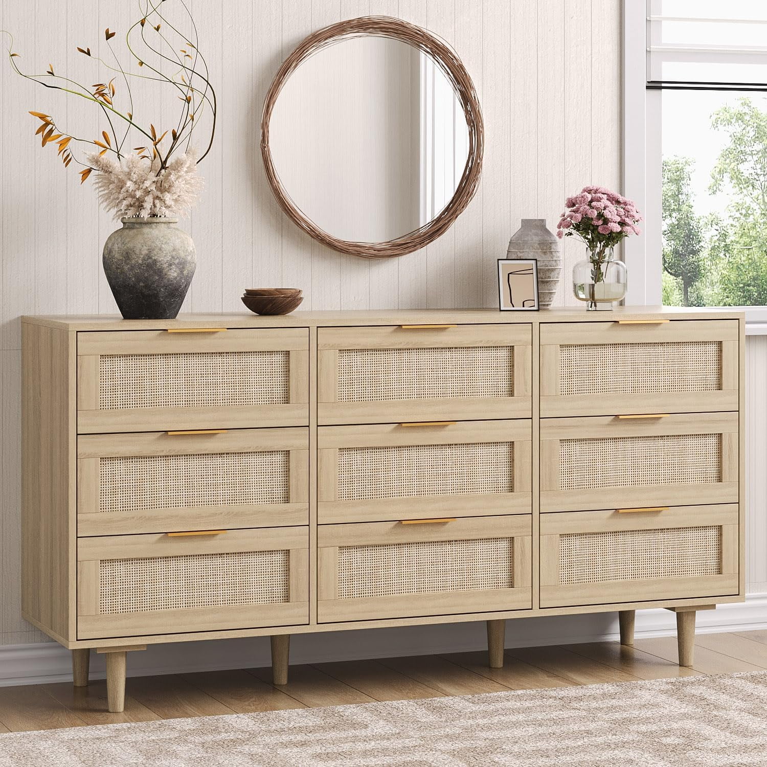 HoopieHome 59'' Boho 9 Drawer Dresser for Adult Bedroom – Rattan, Golden Handles, Wood Legs, Anti-Tipping, Clothes Storage Cabinet