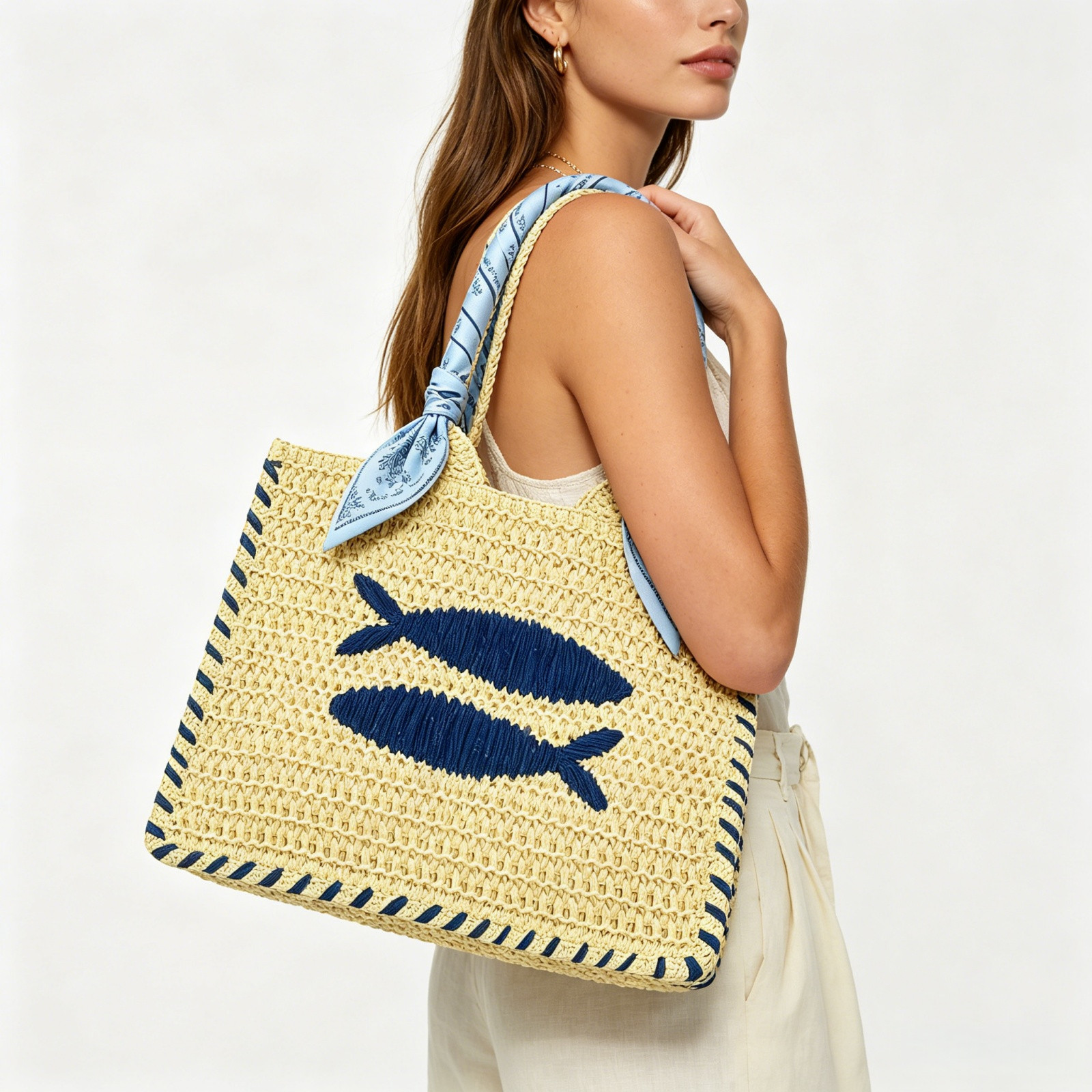 Orangide Ladies Mini Straw Handbag, Natural Woven Beach Purse with Lobster Embroidery, Summer Raffia Shoulder Bag for Vacation Bohemian Beach Trip