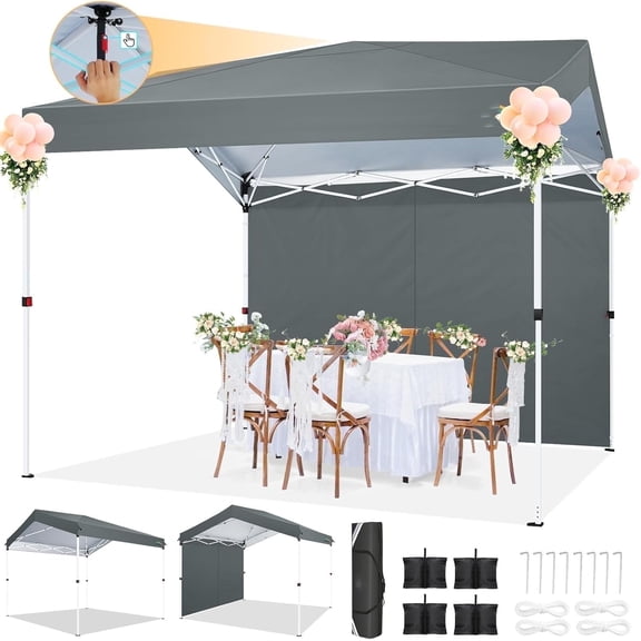 SANOPY 10' x 10' Easy Pop up Canopy Tent Outdoor Shade Shelter with 1 Sidewall for Commercial stalls and Out activities, Gray
