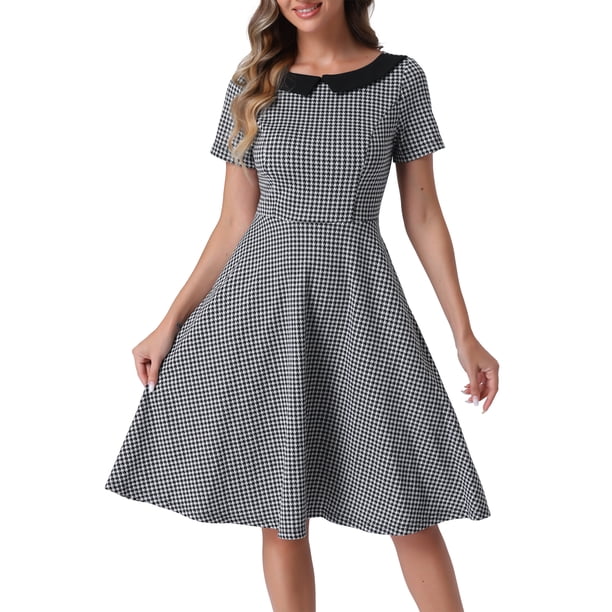 Vestido Houndstooth INSPIRE CHIC para mujeres con cuello barco, mangas cortas, elegante, corte A