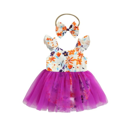 

ZIYIXIN Newborn Baby Girls Summer Romper Dress Sleeveless Mesh Floral Sundress Tutu Dress with Headband 2Pcs Set Purple 9-12 Months