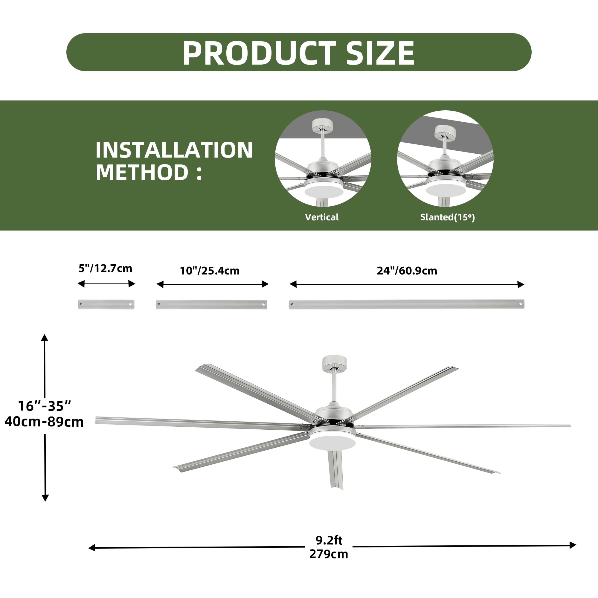 Uforic 96 inch Industrial Ceiling Fan with Lights and Remote Control – Quiet, High Airflow, Durable for Home & Commercial Use - Nickel