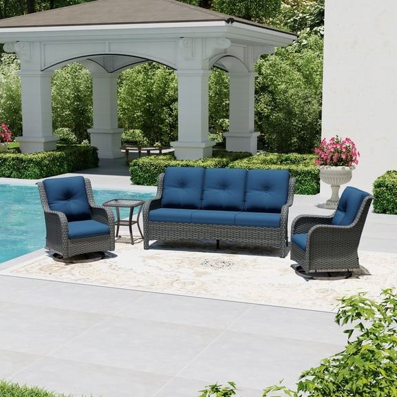 Joyside 4 Piece Wicker Patio Set with 3-Seat Sofa, 2 Swivel Rocking Chairs & Side Table, Outdoor Furniture Sectional Conversation Set for Deck Porch, DarkBlue