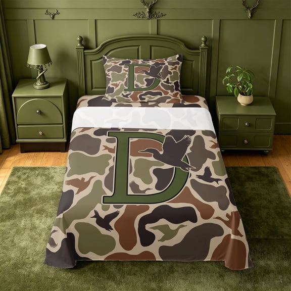 meiyoeat Duck Pattern Monogrammed D Twin Sheets For Boys,Camouflage Hunting Initial Print Bedding,3-Piece,1 Fitted Sheet and 1 Pillowcase