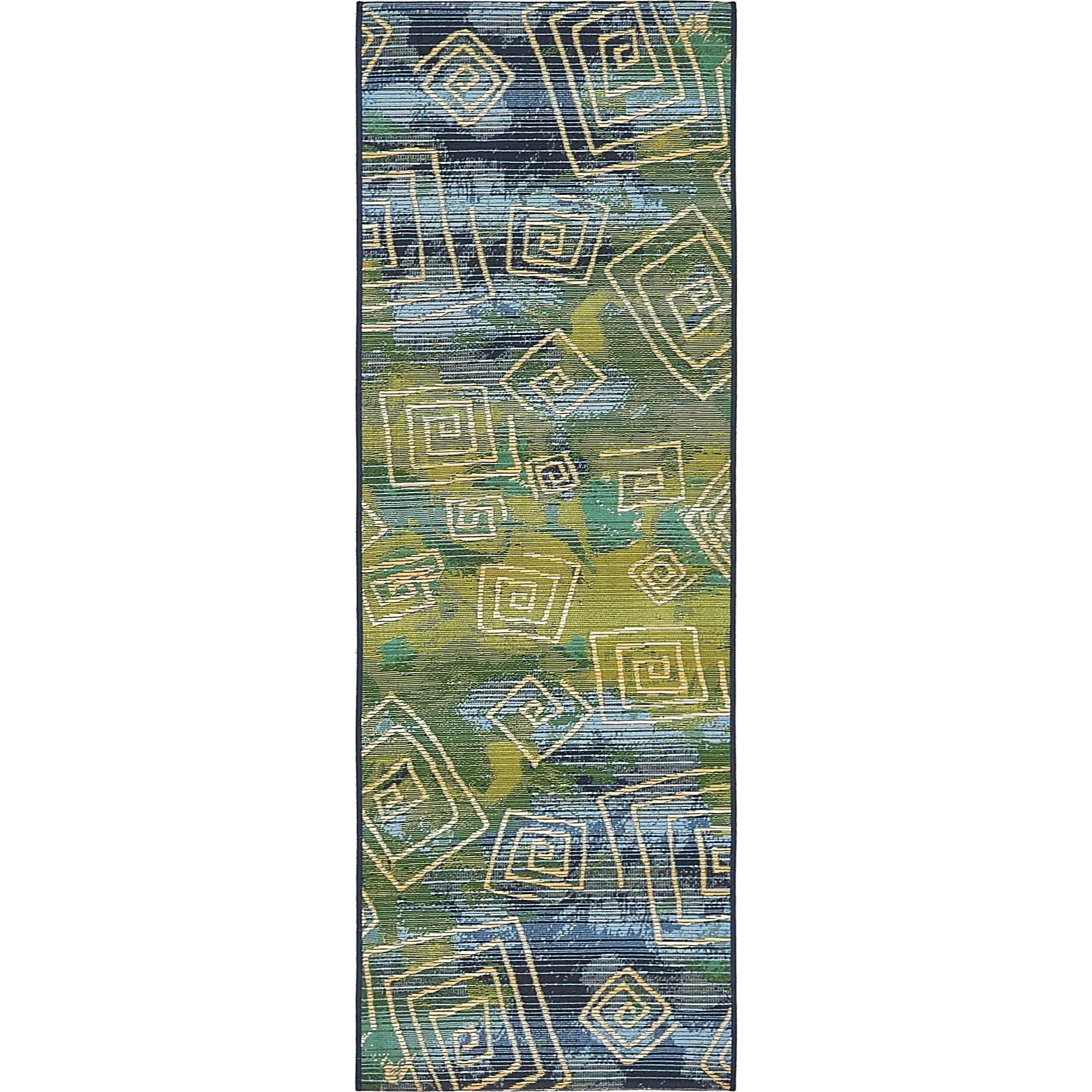 2' x 6' Navy Blue and Green Geometric Rectangular Outdoor Rug Runner