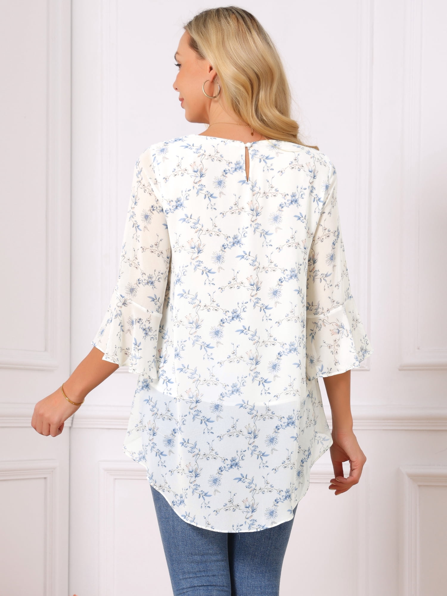 DARING DIVA Women's High Low Floral 3/4 Sleeve Chiffon Blouse Dressy Shirt M White