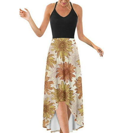 

amlbb Summer Dresses for Women Fashion Women Cold Shoulder Summer Casual Print Loose Sleeveless Vest Dress Summer Beach Dresses on Clearance