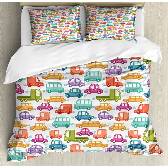 Cars Duvet Cover Set Queen Size, Doodle Style Cars with Vibrant Colors Various Types of Vehicles Truck Bus Limousine, Decorative 3 Piece Bedding Set with 2 Pillow Shams, Multicolor, by Ambesonne