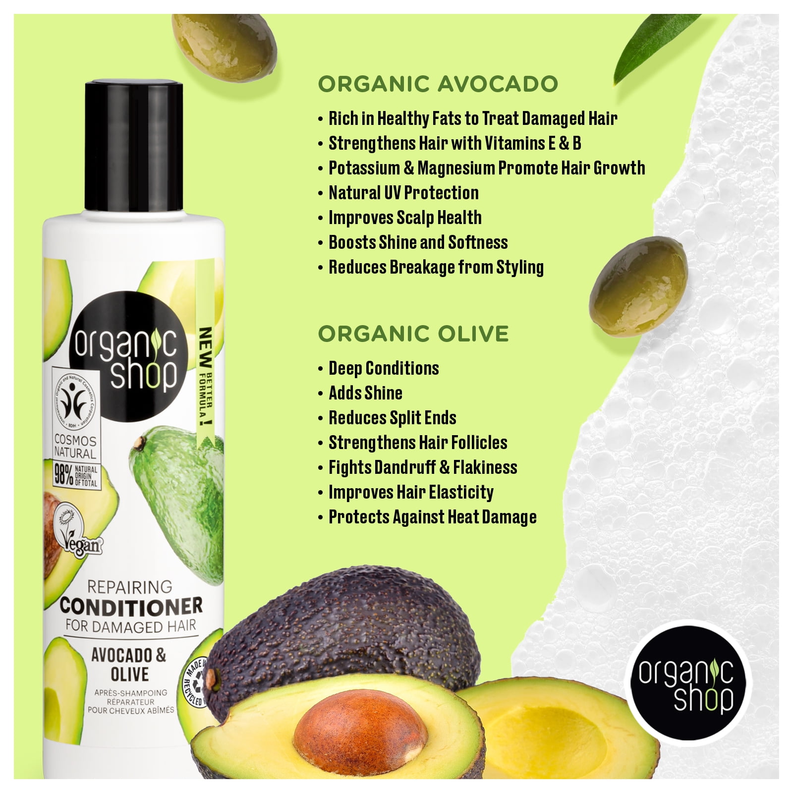 Organic Shop Avocado & Olive – Shampoo + Conditioner + Deep Repairing Hair Mask – Daily Intense Repairing Treatment Set, 100% Vegan & Organic, Rich In Vitamins, Silky Hydration & Nourishing
