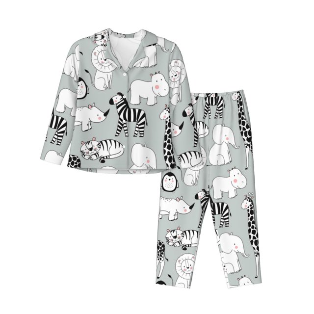 Balery African Animals Conjunto de Pijama con Estampado para Mujer, Conjunto de Dos Piezas con Manga Larga, Ropa de Dormir Suave con Bolsillos, Pijamas Cómodos-X-Large