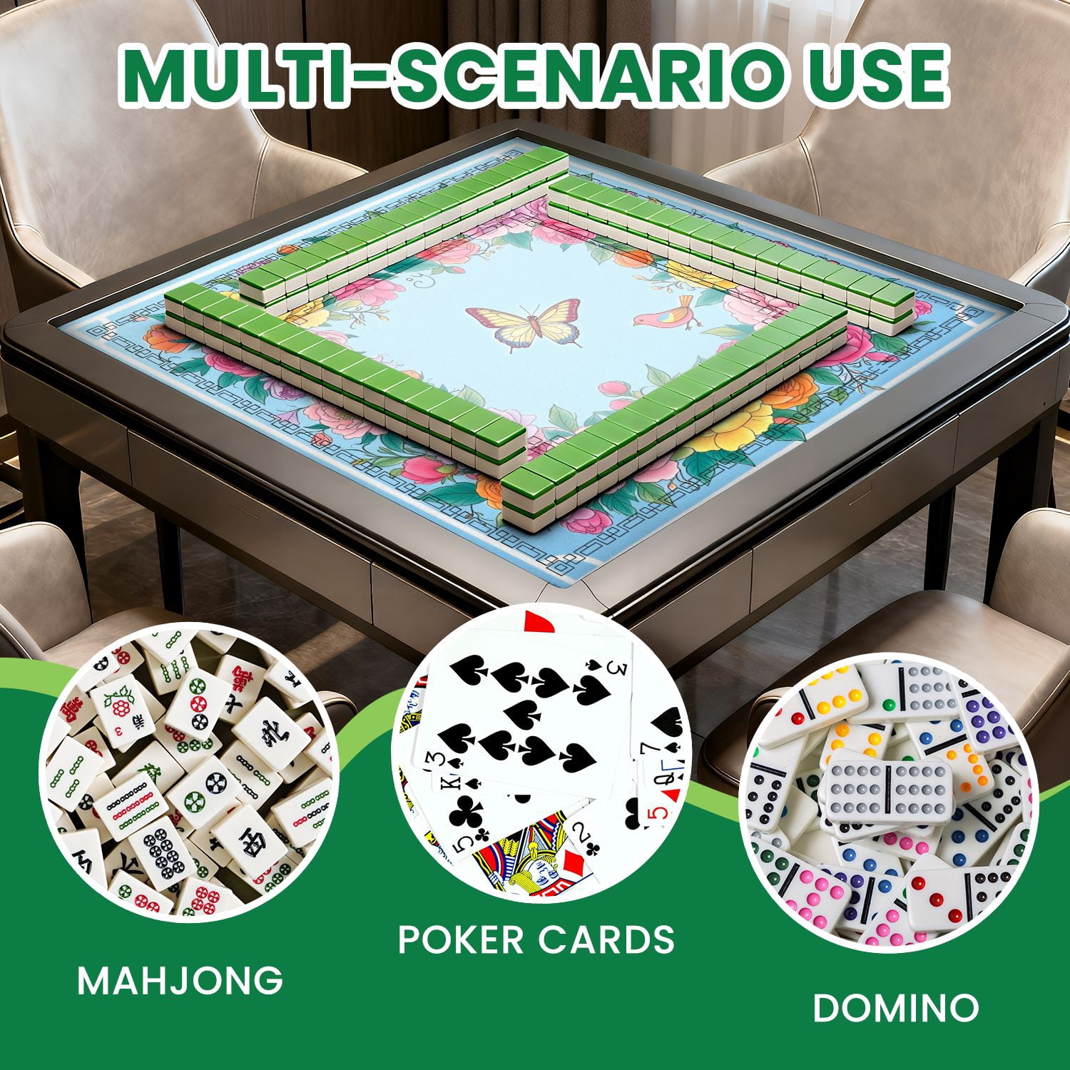 Mahjong Mat 31.5" x 31.5" Colorful Floral Frame Butterflies Birds Pastel Shades Non-Slip Noise Reduction American Mahjong Tiles Table Cover for Dominoes Poker Card Board Games Gift
