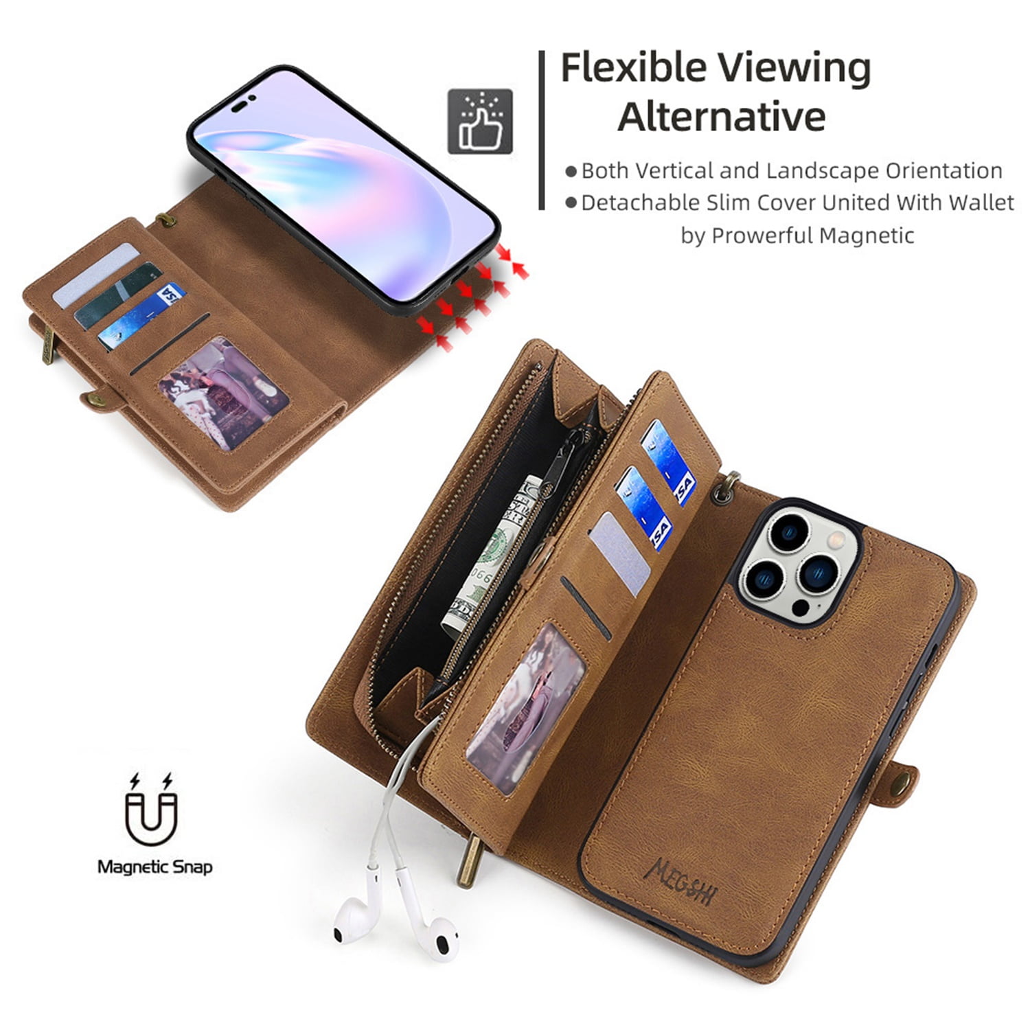 Defencase for iPhone 14 Pro Max Case for Women Men, Removable Durable PU Leather Magnetic Flip Strap Wristlet Zipper Purse Card Holder Detachable Wallet Phone Cases for iPhone 14 Pro Max, Brown