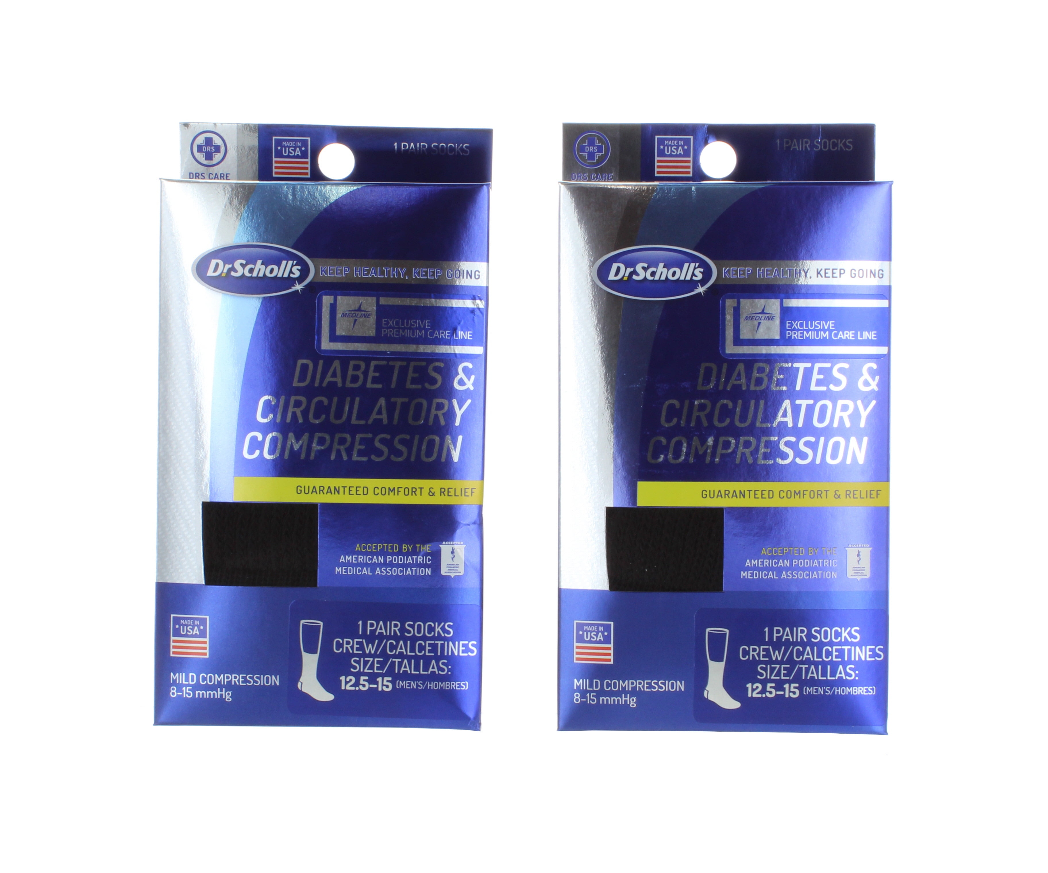 2 Pairs Dr. Scholl's Men's Black Diabetes Circulatory Compression Socks 12.5-15