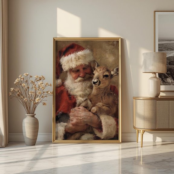 Santa and Reindeer Printable Wall Art, Vintage Christmas Holiday Décor, Santa Claus Print, Festive Winter Wall Print, Xmas Holiday Art Print, 8x12 UNFRAMED