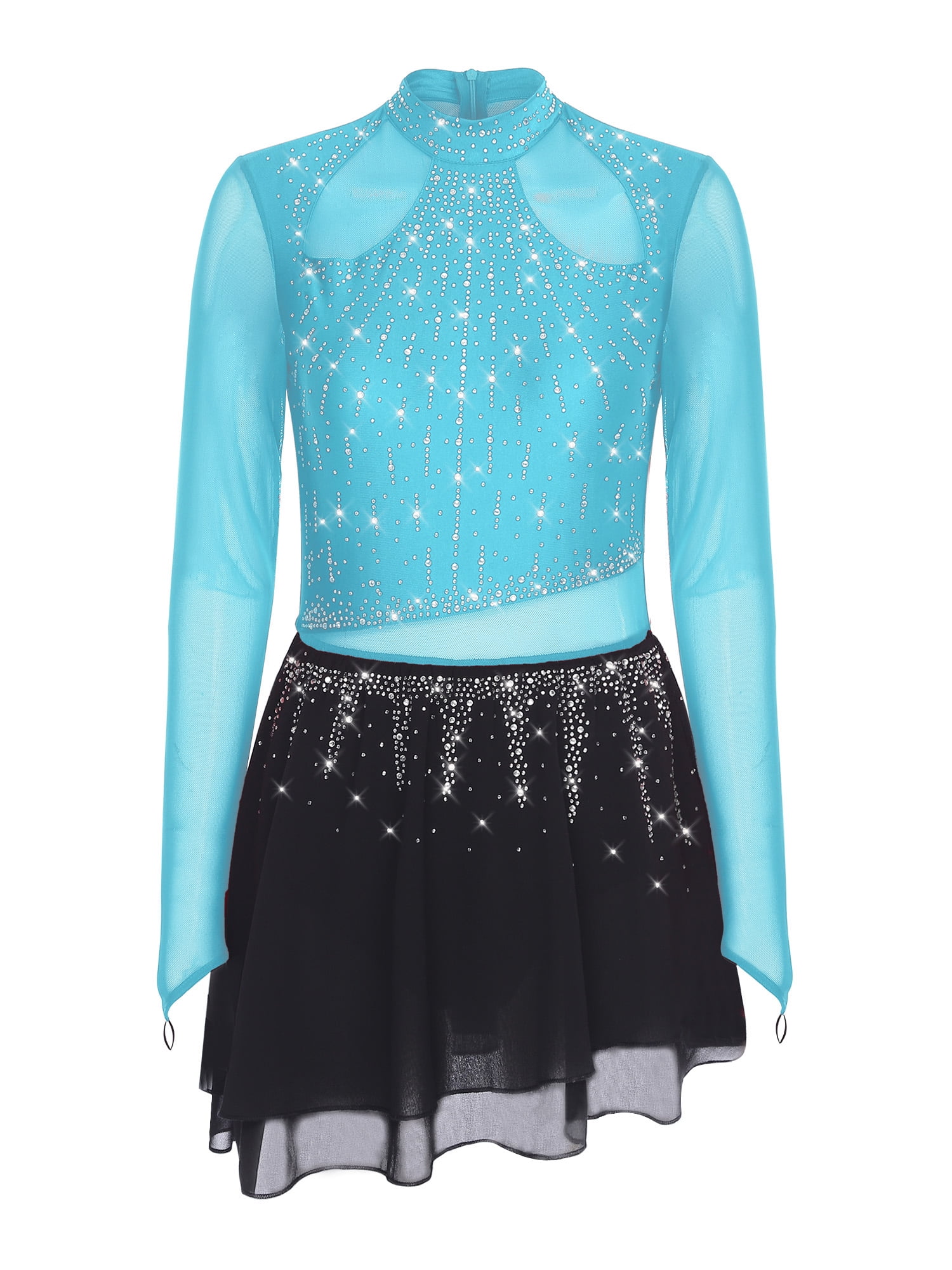 TiaoBug Figure Ice Skating Dress for Women Long Sleeve Mesh Rhinestones  Competition Lyrical Chiffon Skirt Leotard Light Blue XL - Walmart.com