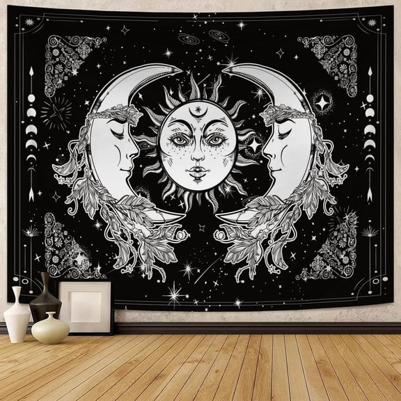 Gothic Moon Sun Tapestry Aesthetic,Black and White Tapestries Wall Hanging for College Dorm Room Decor 60Wx50H