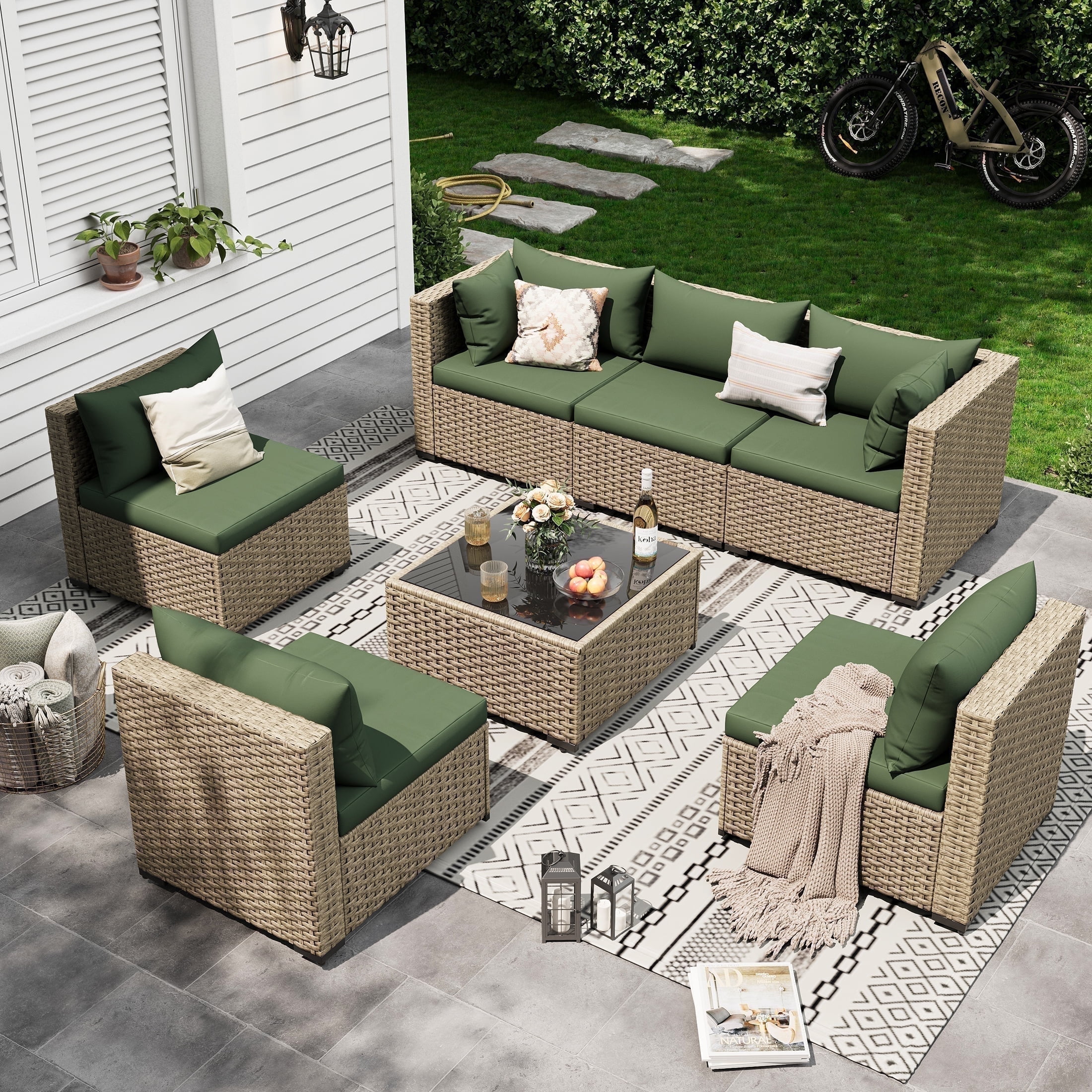 POTEBAN 7 Pieces Outdoor Patio Furniture Set, Grey Rattan Wicker Outdoor Conversation Sectional Sofa Set with Cushions for Backyard, Green
