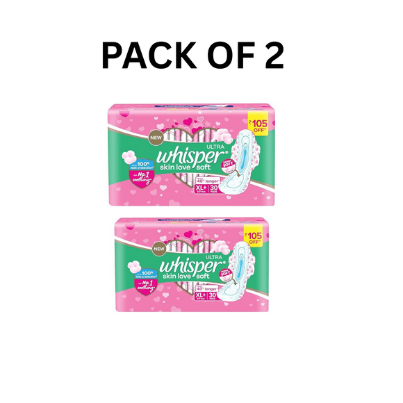 Whisper Ultra Soft Sanitary Pads for Women, XL+, Pack of 30 Napkins PACK OF 2