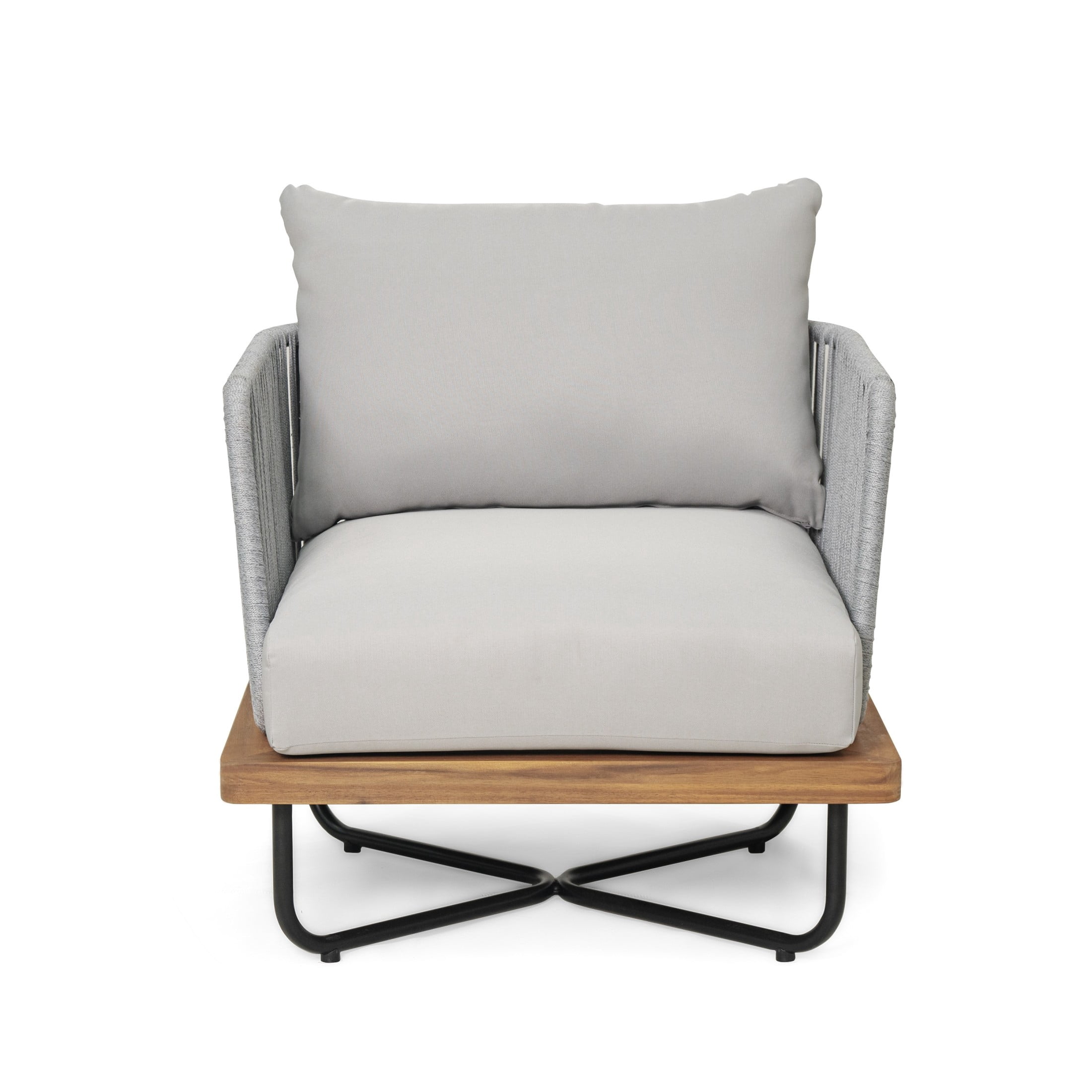 Cassants Upholstered Outdoor Patio Lounge Chair with Iron Base, Acacia Wood, Light Grey