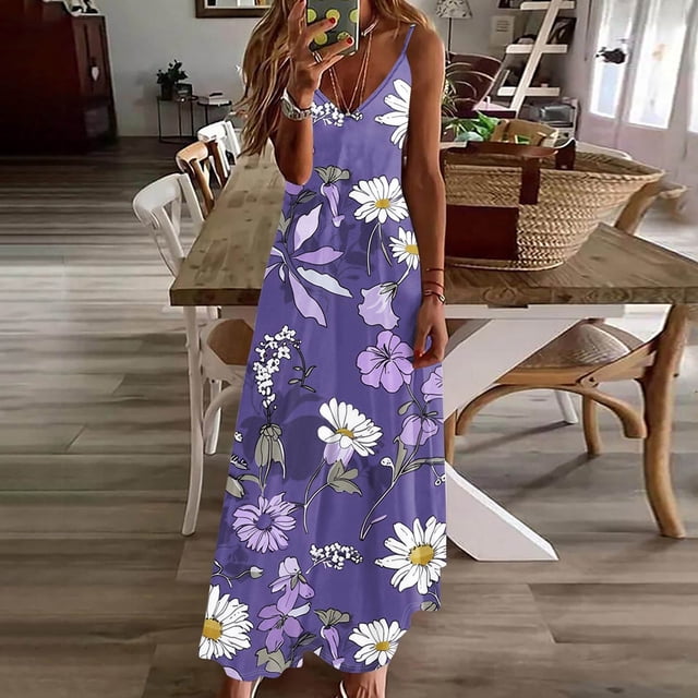 Babysbule Liquidation Robes d'Été pour Femmes, Robe d'Été Décontractée à Fleurs pour Femme à Col en V Sans Manches Grande Taille à Bretelles Spaghetti