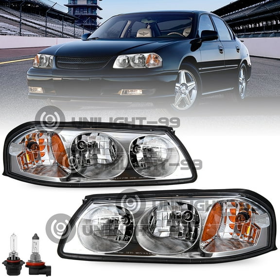 For 2000-2005 Chevy Impala Chrome Housing Amber Headlight w/ bulbs 00-05 Pair
