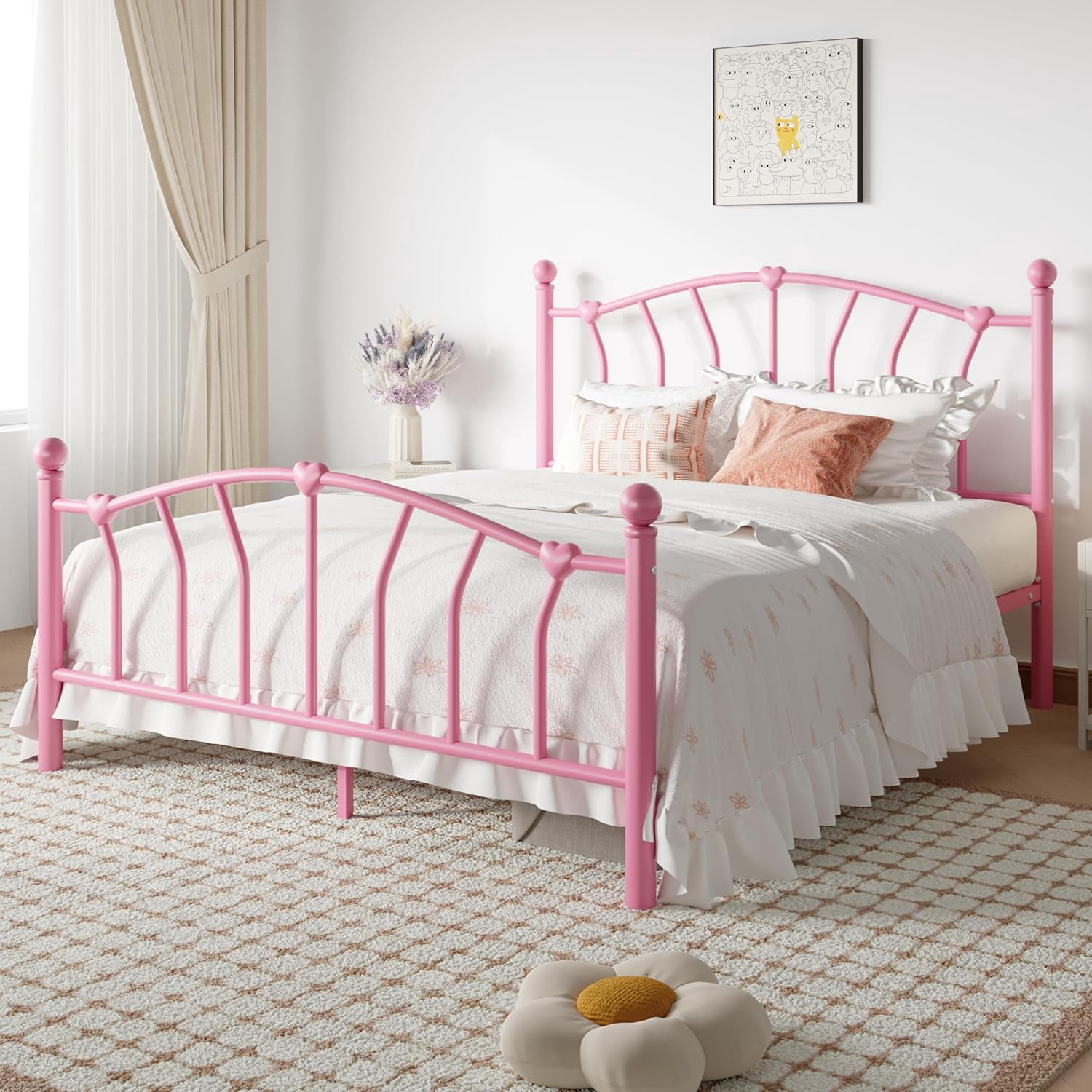 SHA CERLIN 14 Inch Queen Size Metal Platform Bed Frame with Heart Shaped Iron-Art Headboard/Footboard, Under Bed Storage, Noise Free Mattress Foundation, Easy Assembly, Pink