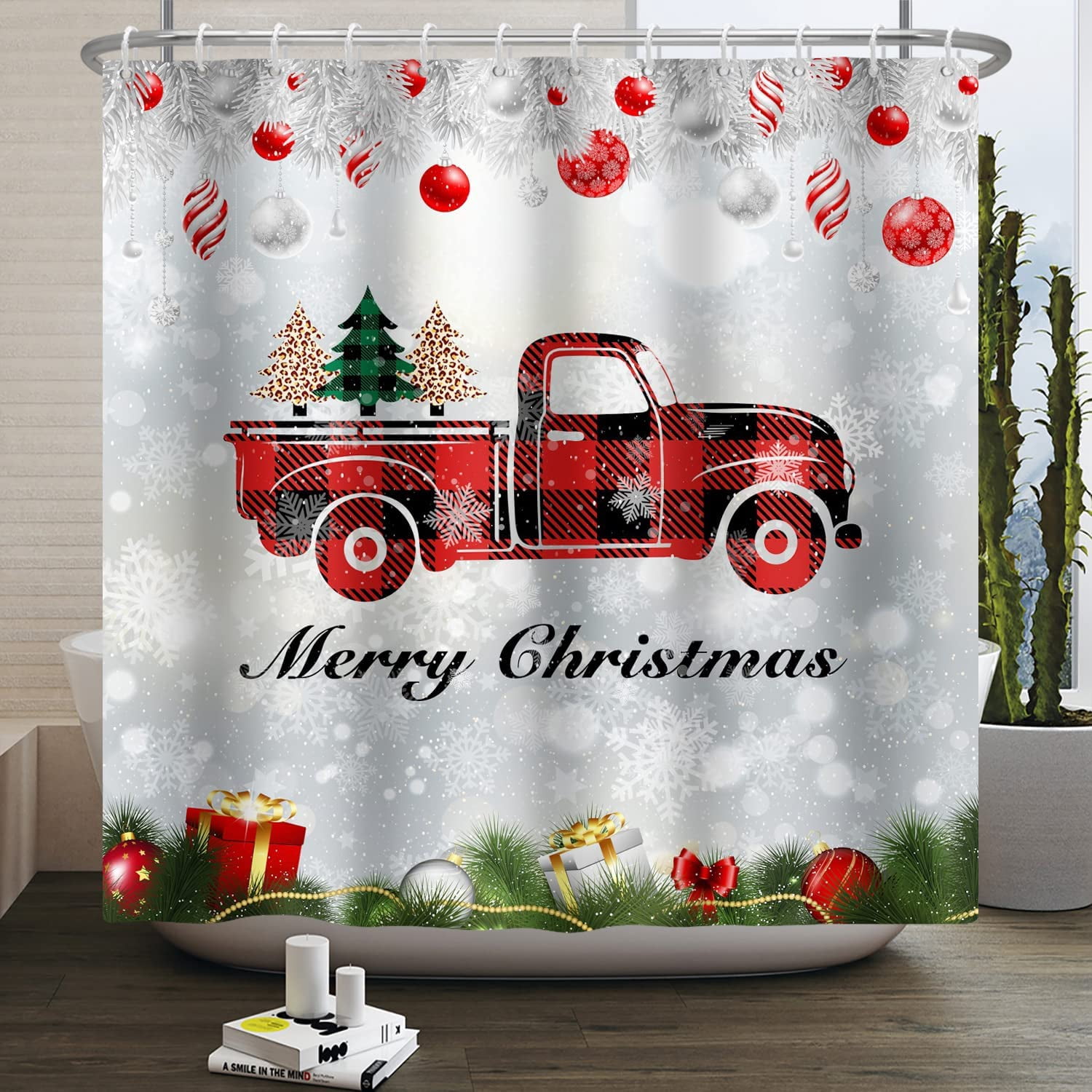 Christmas Shower Curtain 72x72 - Red Truck & Snowflake Design, Waterproof Polyester - Festive Bathroom Decor With Hooks - View #9