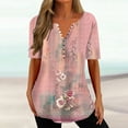 thumbnail image 2 of Penkiiy Tunique Florale pour Femmes Blouse Décontractée Col en V Manches Courtes Boutons T-Shirts 3TG Rose, 2 of 5