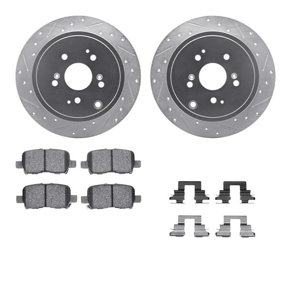 Dynamic Friction Company Rear Brake Rotors-Drilled and Slotted-Silver with 5000 Advanced Brake Pads includes Hardware 7512-59062