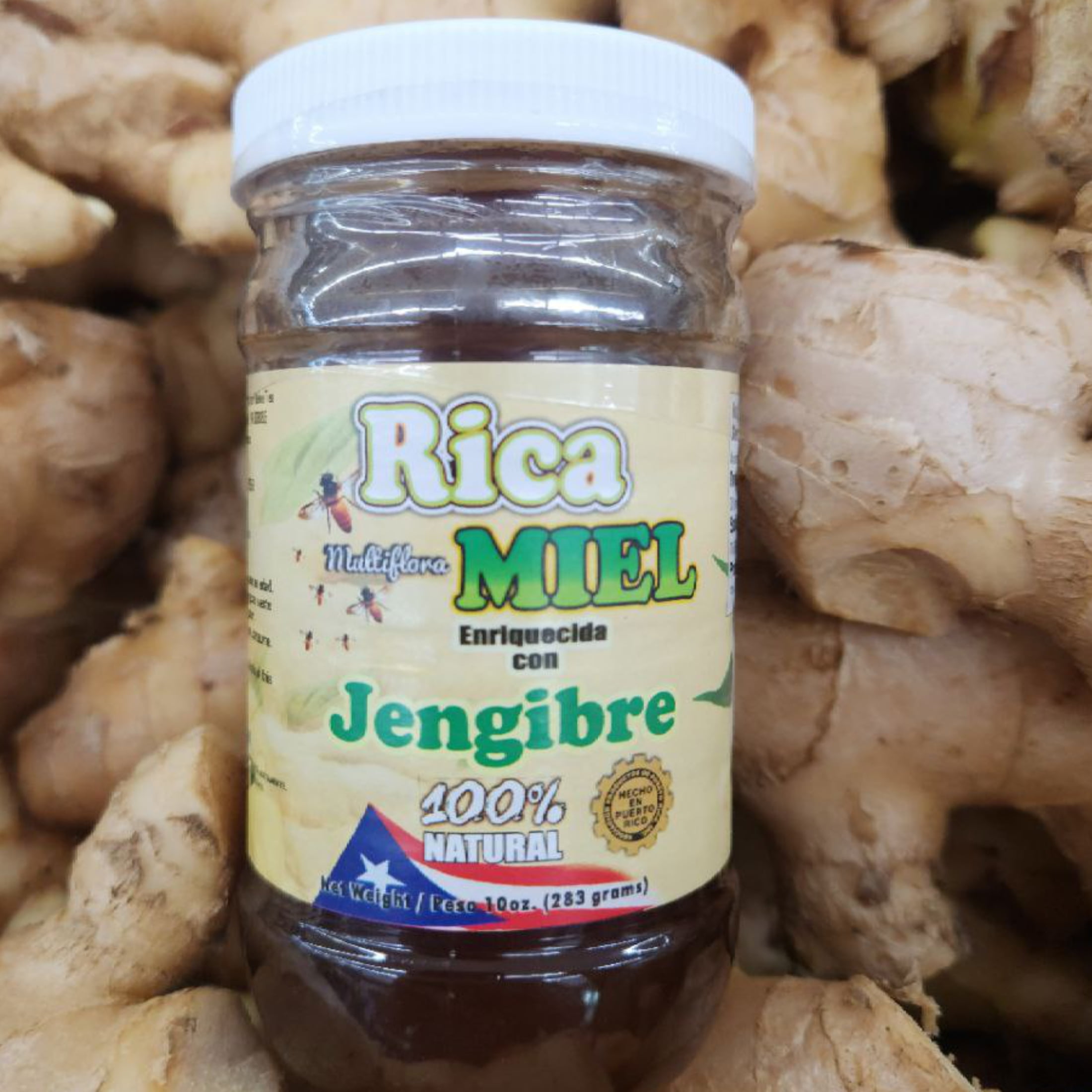 Rica Miel: 100% Natural Honey, Enriched with Ginger, Raw and Unfiltered Honey - Honey 10 fl oz bottle